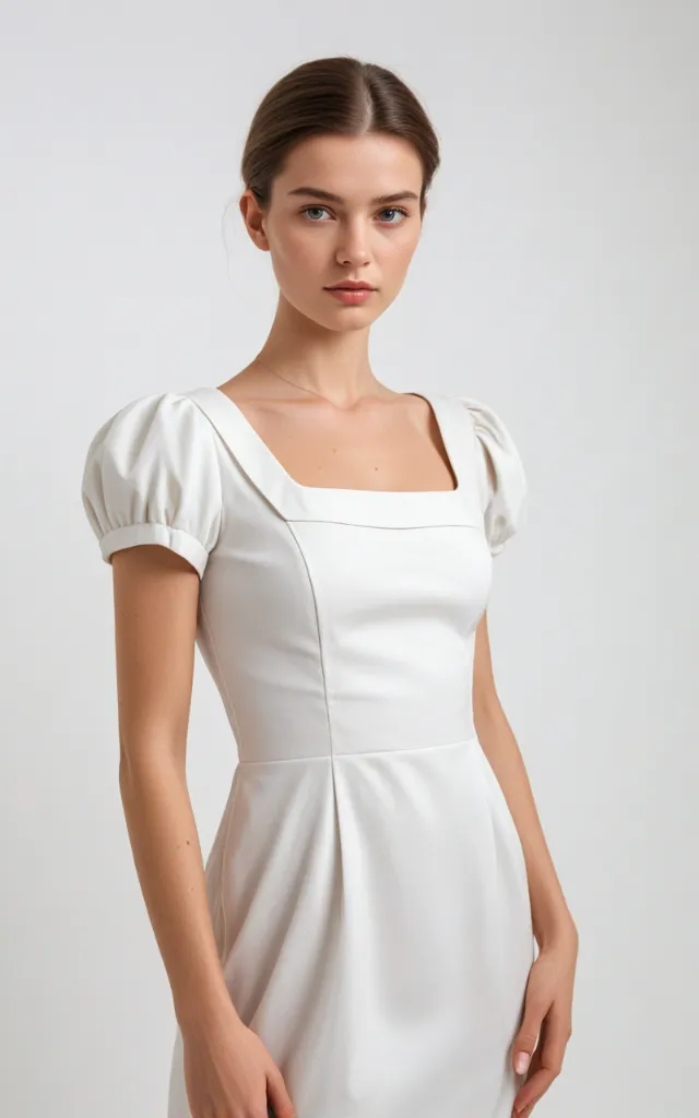 A European female model wearing a dress with a Square collar, white background, bust portrait